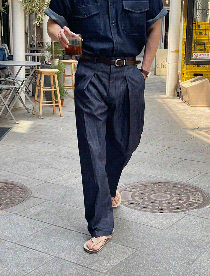 Wide Cozy One-Tuck Long Chino Linen Pants