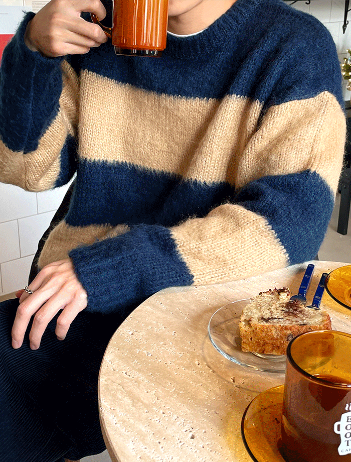 Oversized Wool Mohair Stripe Round Knit