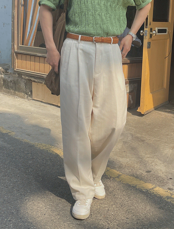 Wide Balloon Linen Two-Tuck Texture Pants