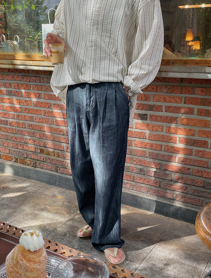 Wide Middle Two-Tuck Linen Denim Pants